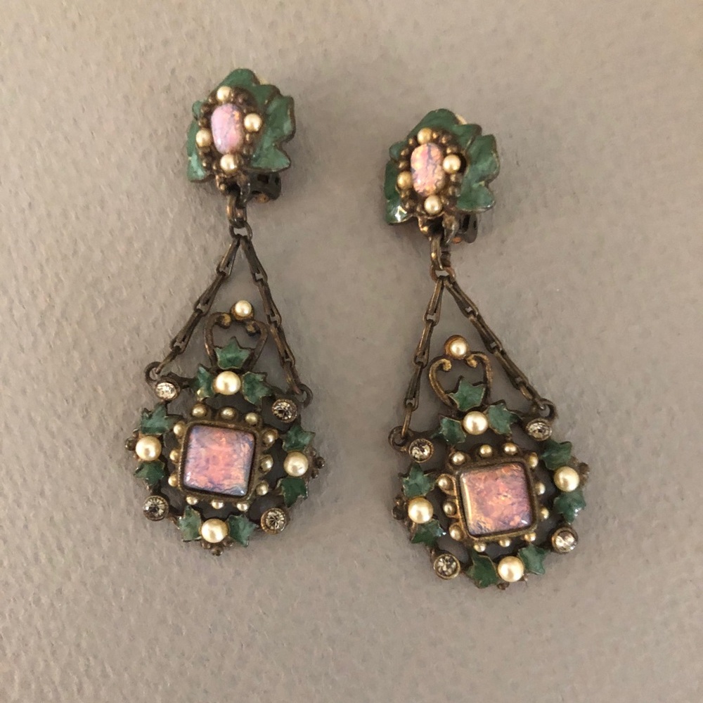 Vintage faux opal dangle drop earrings Victorian